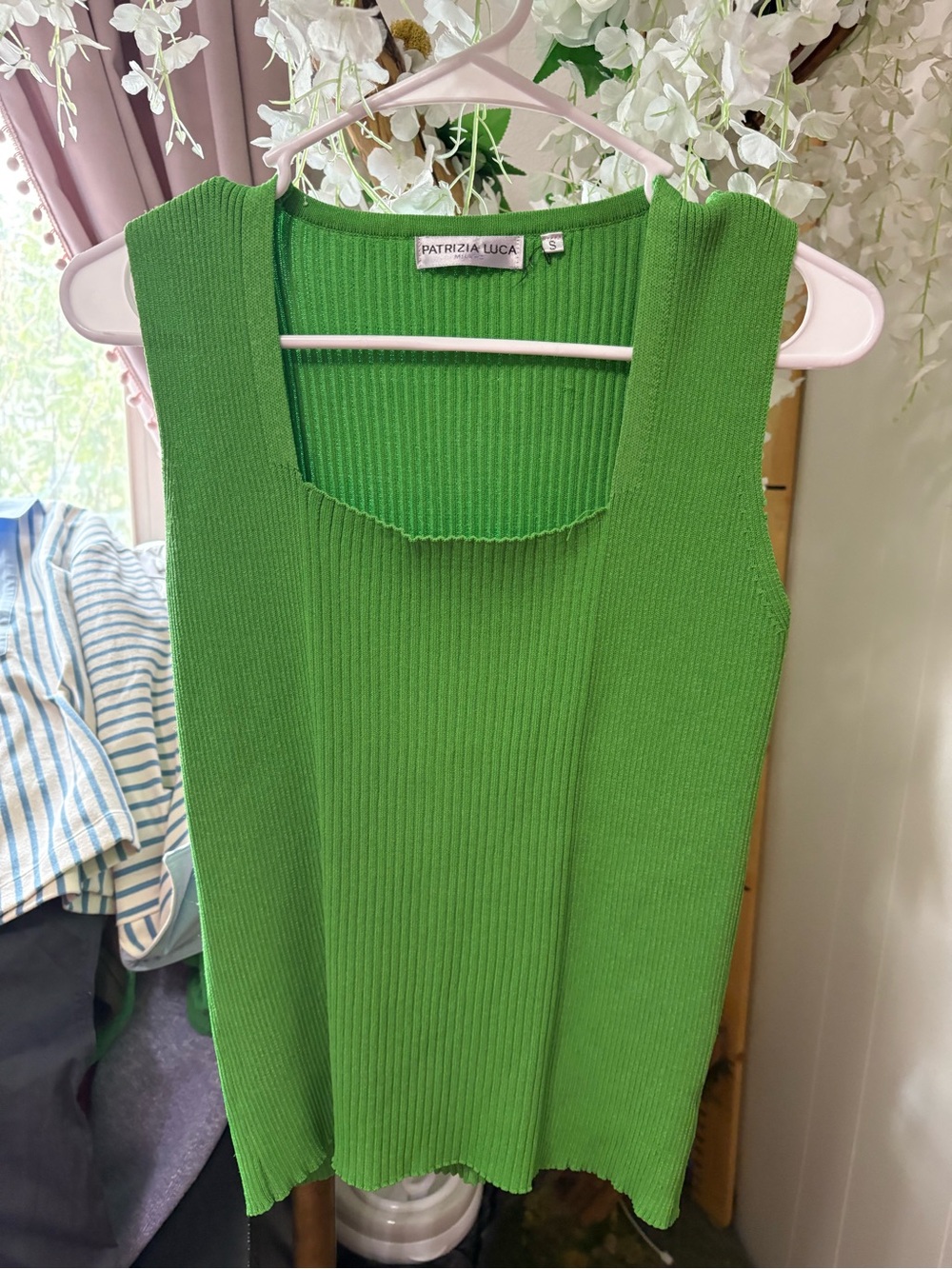 Patrizia Luca Bright Green Ribbed Square-Neck Tank